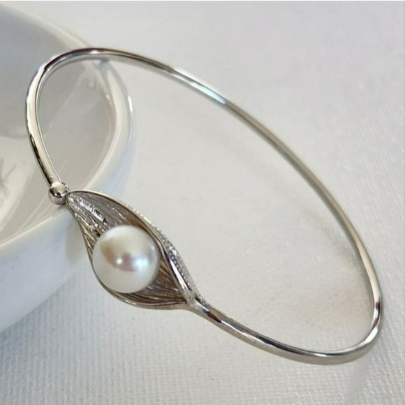 925S Silver 10mm Real Cultured White Freshwater‎ Pearl Solitaire Bangle Bracelet - Picture 10 of 14